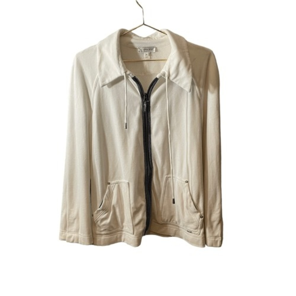 St John Sport Marie Gray Off White Velour Full Zip Jacket Womens M Mesh Lined S
